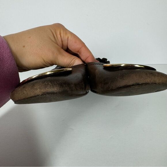Tory Burch Classic Reva Chocolate Brown Leather Ballet Flats Gold Womens Size 10 - Picture 4 of 13